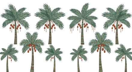 Stylized palm trees with lush green fronds and dangling dates, depicted in a charming hand-drawn illustration on a clear white background.