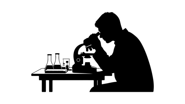 Scientist working at microscope with transparent background