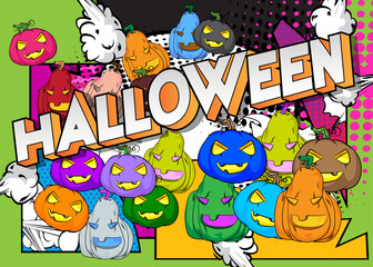Modern creative pop art vibrant comic book style Halloween poster with text and Jack O' Lantern. Cartoon design Holiday Celebration invitation, poster.