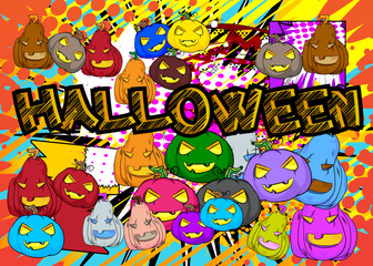 Modern creative pop art vibrant comic book style Halloween poster with text and Jack O' Lantern. Cartoon design Holiday Celebration invitation, poster.