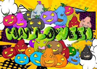 Modern creative pop art vibrant comic book style Halloween poster with text and Jack O' Lantern. Cartoon design Holiday Celebration invitation, poster.