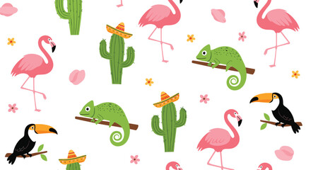 Colorful tropical seamless pattern with flamingos, chameleons, toucans, and cacti in sombreros, adorned with small flowers.