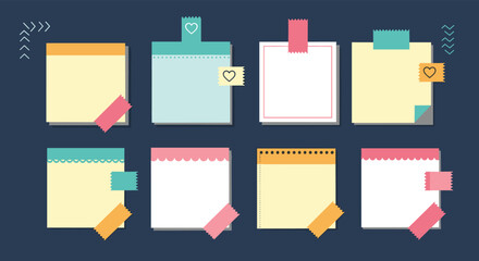 A vibrant collection of eight blank sticky notes and memo pads, featuring diverse designs, decorative tapes, and ample copy space on a dark background.