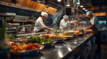 Professional chefs meticulously prepare a diverse array of dishes in a bustling, brightly lit commercial kitchen environment, showcasing culinary expertise