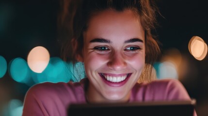 Joyful young woman smiling at laptop screen nighttime portrait photography urban setting close-up emotions
