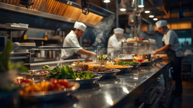 Professional chefs meticulously prepare a diverse array of dishes in a bustling, brightly lit commercial kitchen environment, showcasing culinary expertise