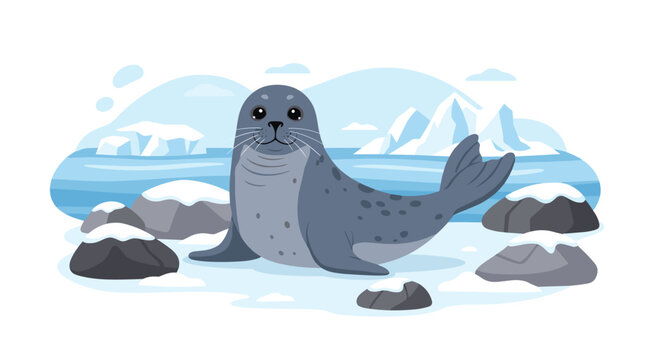 A cute spotted seal rests on a snow-covered ice floe in a tranquil polar landscape, featuring blue water, icebergs, and snowy mountains.