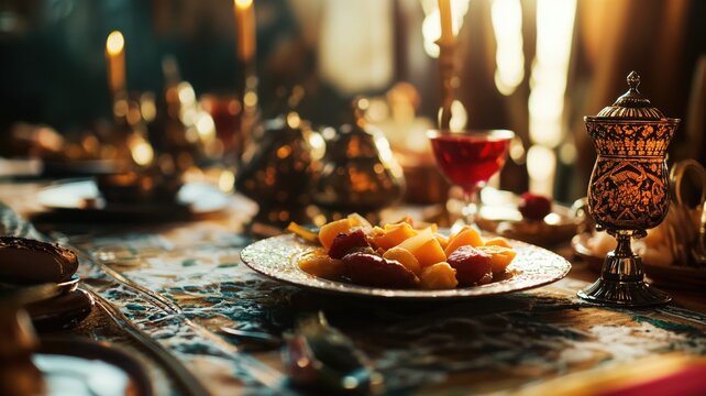 Opulent dining table set for iftar during ramadan with fruits and wine