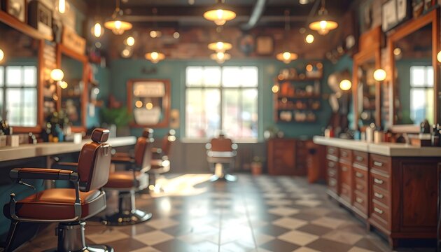 Inside a well-lit barber shop, chairs and mirrors abound