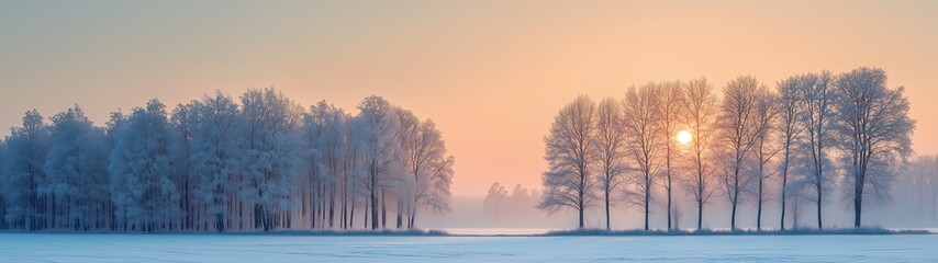 Minimalist winter snow landscape with pink sky and snow covered field, distant trees and small moon, soft pastel colors, peaceful serene atmosphere, wide perspective