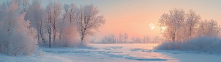 Minimalist winter snow landscape with pink sky and snow covered field, distant trees and small moon, soft pastel colors, peaceful serene atmosphere, wide perspective
