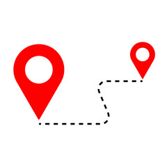 Red map pointer icons connected by dotted line