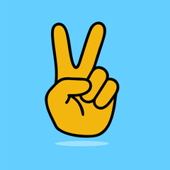 Cartoon hand showing the sign of victory on a light blue background