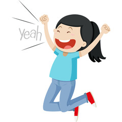Excited young girl with dark ponytail in blue shirt and jeans jumping for joy shouting yeah with red shoes on a transparent background a celebration of success and achievement