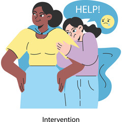 Empathetic woman in yellow shirt and blue skirt offers comfort and support to distressed individual with help bubble in light blue and white background