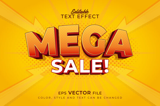 Mega Sale Vector Text Effect for Promotional Marketing against a vibrant yellow background