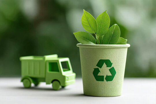 Minimal green eco icons with recycling bin, truck, and leaf in vector style