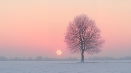 Minimalist winter snow landscape with pink sky and snow covered field, distant trees and small moon, soft pastel colors, peaceful serene atmosphere, wide perspective