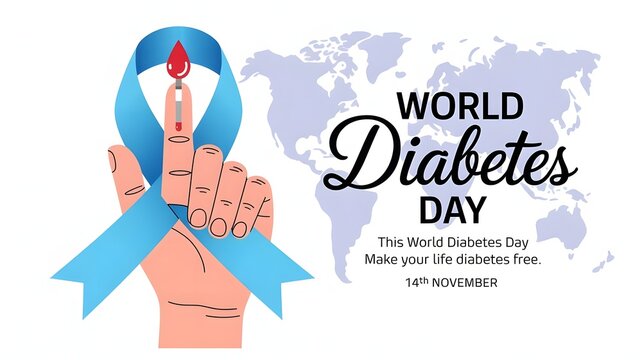 World diabetes day awareness ribbon and hand graphic