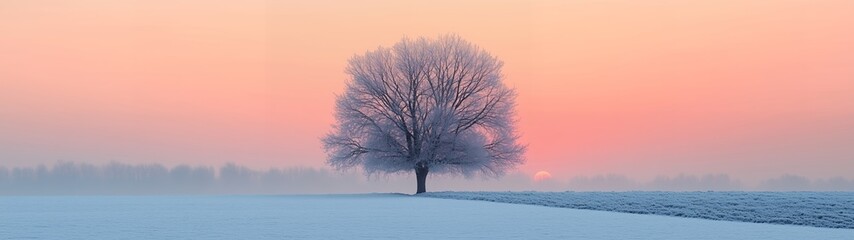 Minimalist winter snow landscape with pink sky and snow covered field, distant trees and small moon, soft pastel colors, peaceful serene atmosphere, wide perspective
