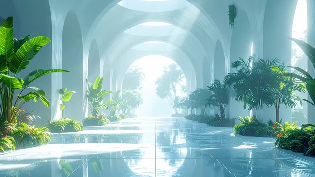 Sunlight streams through the arched windows of a grand, futuristic atrium filled with lush tropical plants.