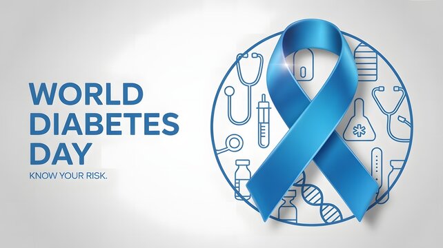World diabetes day awareness ribbon and medical symbols