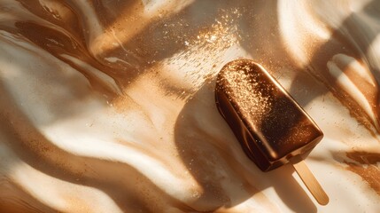 Chocolate ice cream bar with golden glitter on swirled cream background popsicle dessert