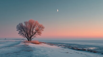 Minimalist winter snow landscape with pink sky and snow covered field, distant trees and small moon, soft pastel colors, peaceful serene atmosphere, wide perspective