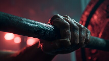 Close up of sweaty hand gripping textured barbell in dimly lit gym with red lights weightlifting