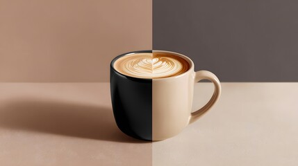 Coffee cup with latte art divided into black and beige halves on a split background cappuccino espresso