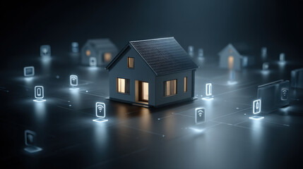 Smart home security icons orbiting modern house with soft blue haze and premium UI design