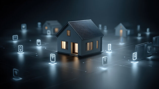 Smart home security icons orbiting modern house with soft blue haze and premium UI design - Powered by Adobe