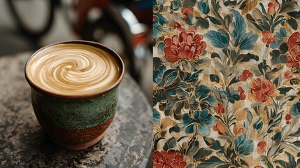 Coffee latte with intricate foam art in a rustic ceramic cup next to a detailed floral pattern cappuccino