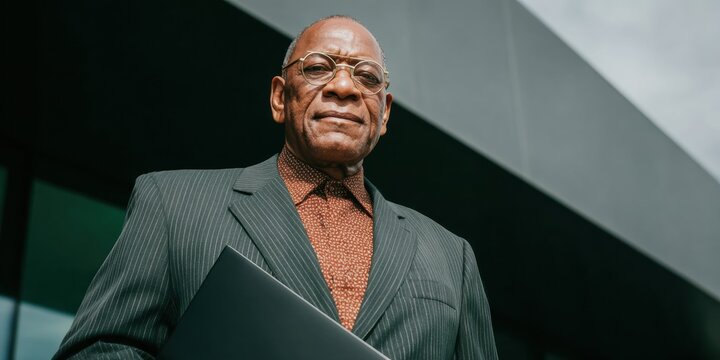 Confident Professional African American Man with Laptop Modern Corporate Leadership and Career Success for Business Promotion