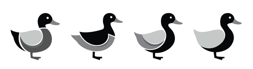 Mallard duck or waterfowl bird icons set for nature, wildlife, or fishing logo design