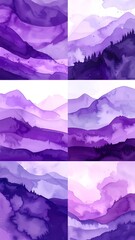 Six stylized landscape illustrations, mountains painted in purple hues