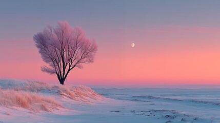 Minimalist winter snow landscape with pink sky and snow covered field, distant trees and small moon, soft pastel colors, peaceful serene atmosphere, wide perspective
