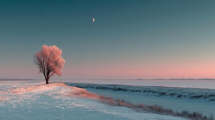 Minimalist winter snow landscape with pink sky and snow covered field, distant trees and small moon, soft pastel colors, peaceful serene atmosphere, wide perspective