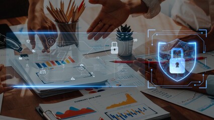 Dynamic office meeting showcasing teamwork and cybersecurity strategies with digital elements. Focus on data analysis, innovation, and secure business practices. Raster