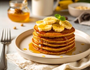 Vegan pancakes topped with banana slices and maple syrup