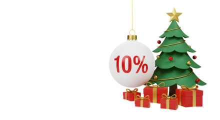 Festive christmas tree with discount ornament and gift boxes on black background