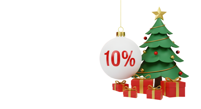 Festive christmas tree with discount ornament and gift boxes on black background