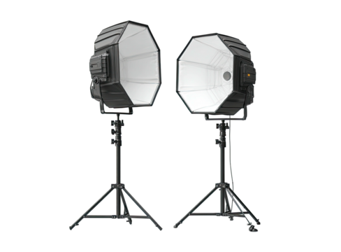 Studio lights, octagonal softboxes, on stands, dark backdrop