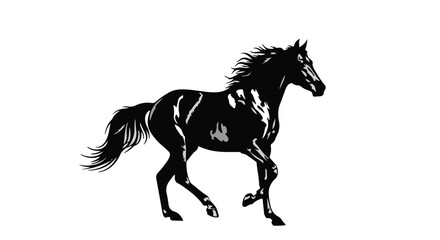 Obraz premium Majestic black horse in full stride, radiating power and grace against a clean white background.