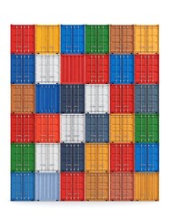 Stacked, colorful, rectangular cargo containers arranged in a grid
