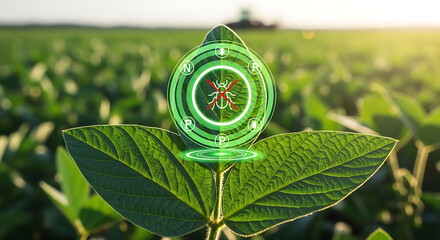 Futuristic Pest Control on Plant Leaf with Green Agriculture Background