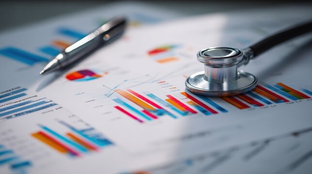 Medical Stethoscope and Financial Charts with Pen on Paper in Office Setting