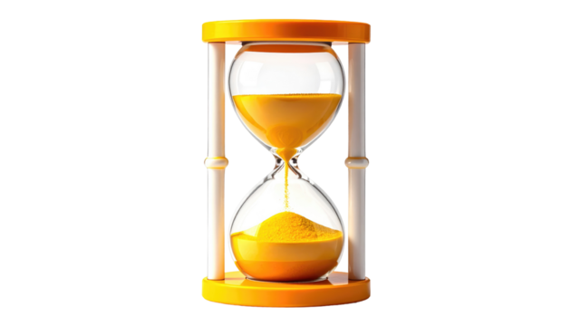 Golden hourglass showing passage of time, sand flowing, isolated against black