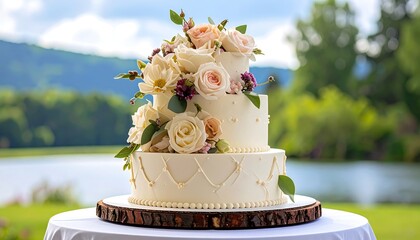 Three-tiered cake with floral arrangement atop a wooden slice table