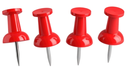 Four vibrant red thumbtacks, aligned in a row, varying angles, with sharp silver points, against a clean black backdrop